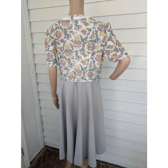 60s 70s Gray Print Dress Short Sleeve Polyester Vintage L 41 Bust - Picture 6 of 8